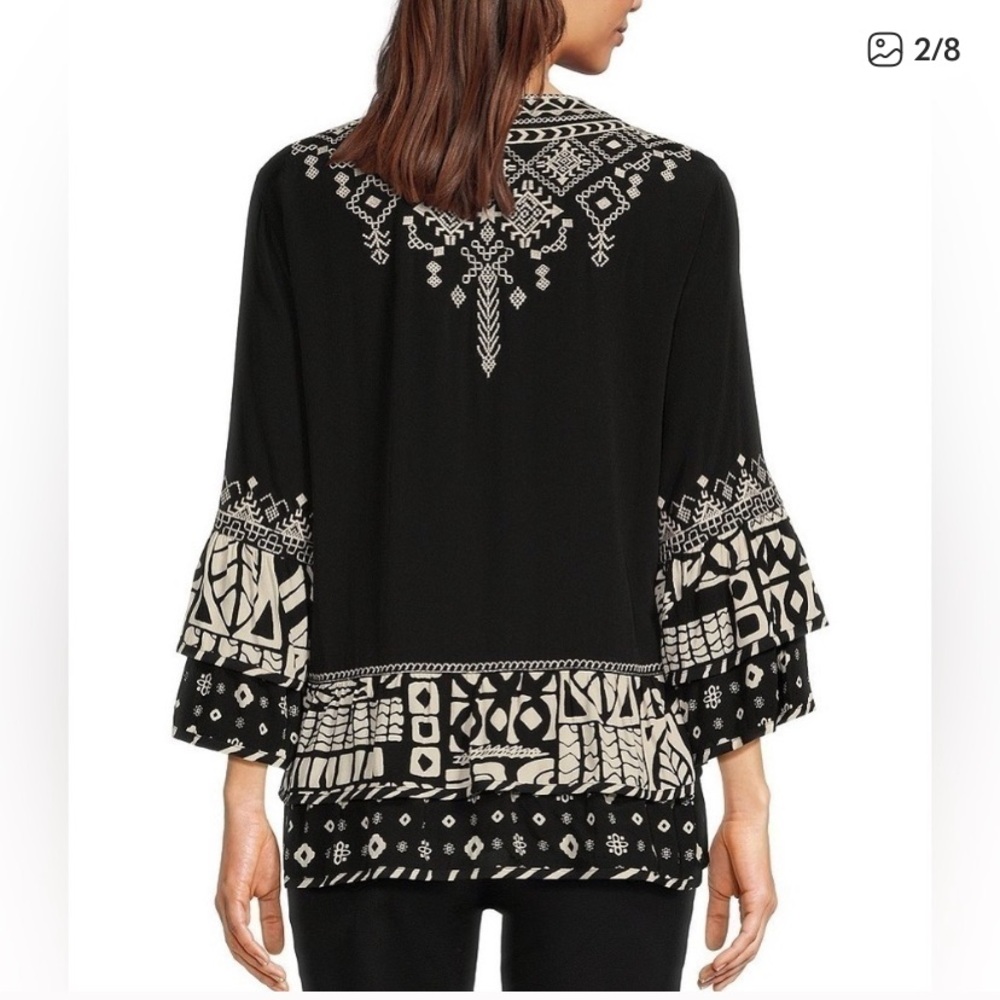John Mark Black Cream Embroidered Merrow Edge Tunic Size L 46” - Picture 2 of 7